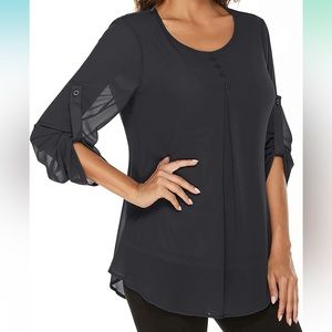 Women's Black Roll-up Long Sleeve Round Neck Casual Chiffon Blouse Top Size 2XL